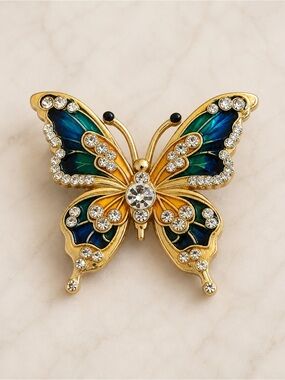 Gold-Tone Blue & Green Butterfly Brooch with Clear Crystals